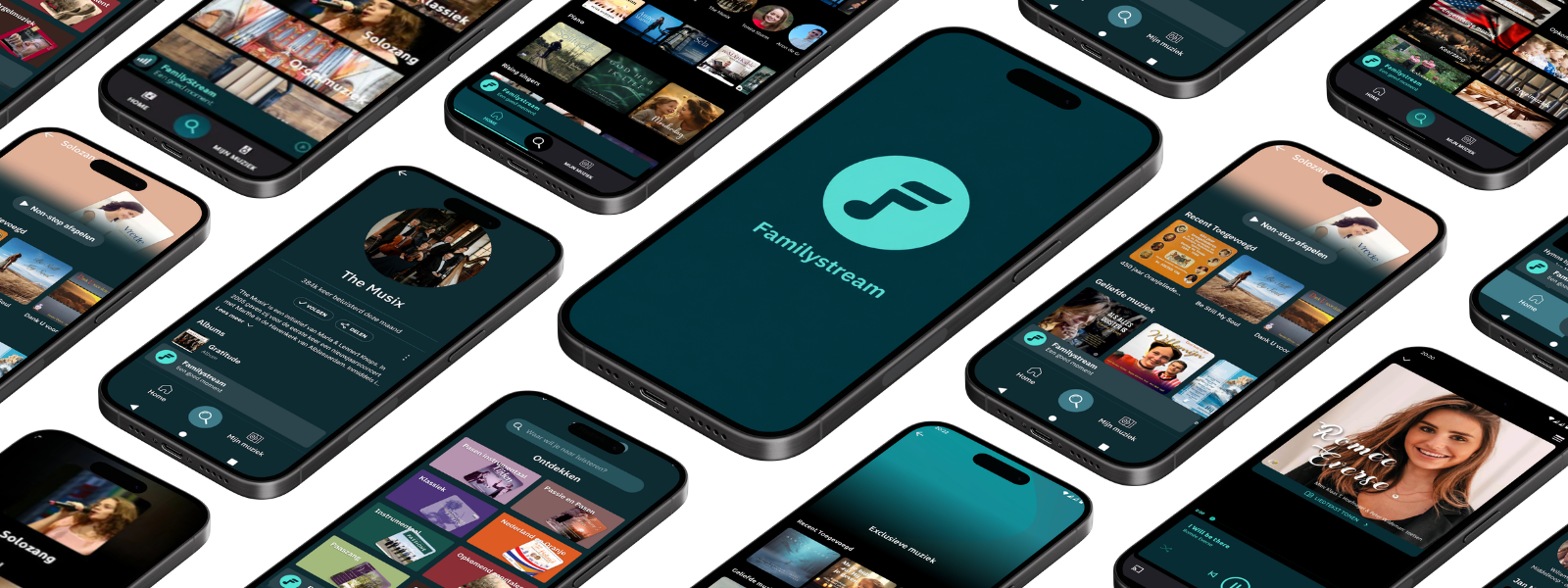Reeks telefoonschermen van de FamilyStream-app, met in het midden het logo