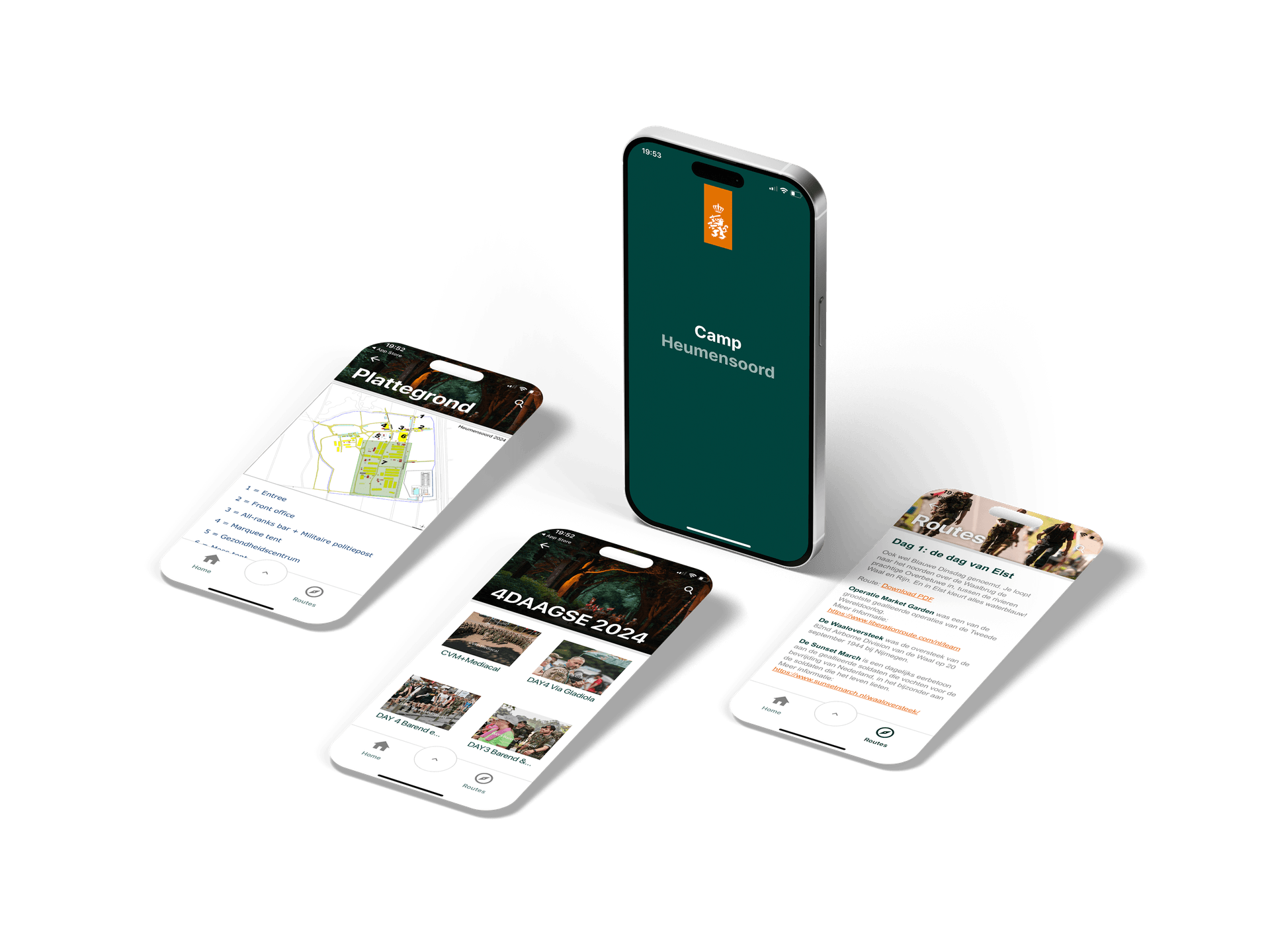 Vier telefoonschermen van de Kamp Heumensoord-app: het beginscherm, een plattegrond en nieuwsberichten