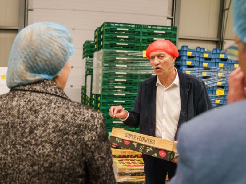 Werkbezoek in een AGF-bedrijf: bezoekers met haarnetjes in gesprek tussen stapels kratten